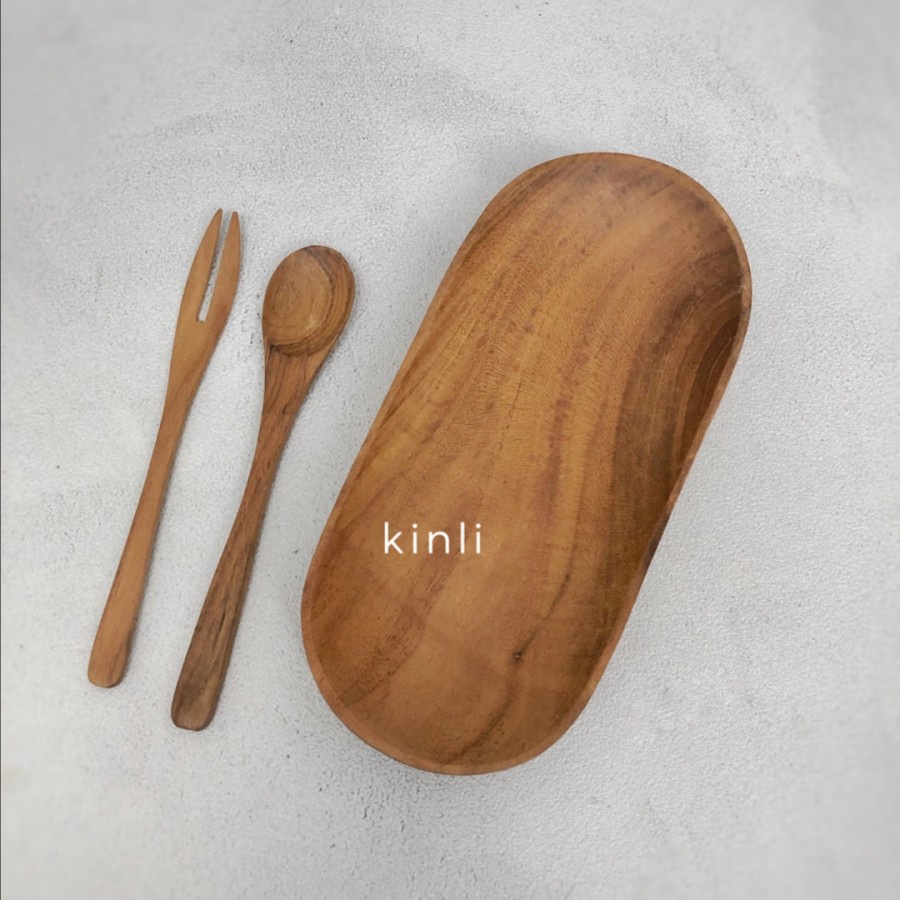 Piring kayu kue roti sendok garpu kayu jati wooden spoon fork tray set