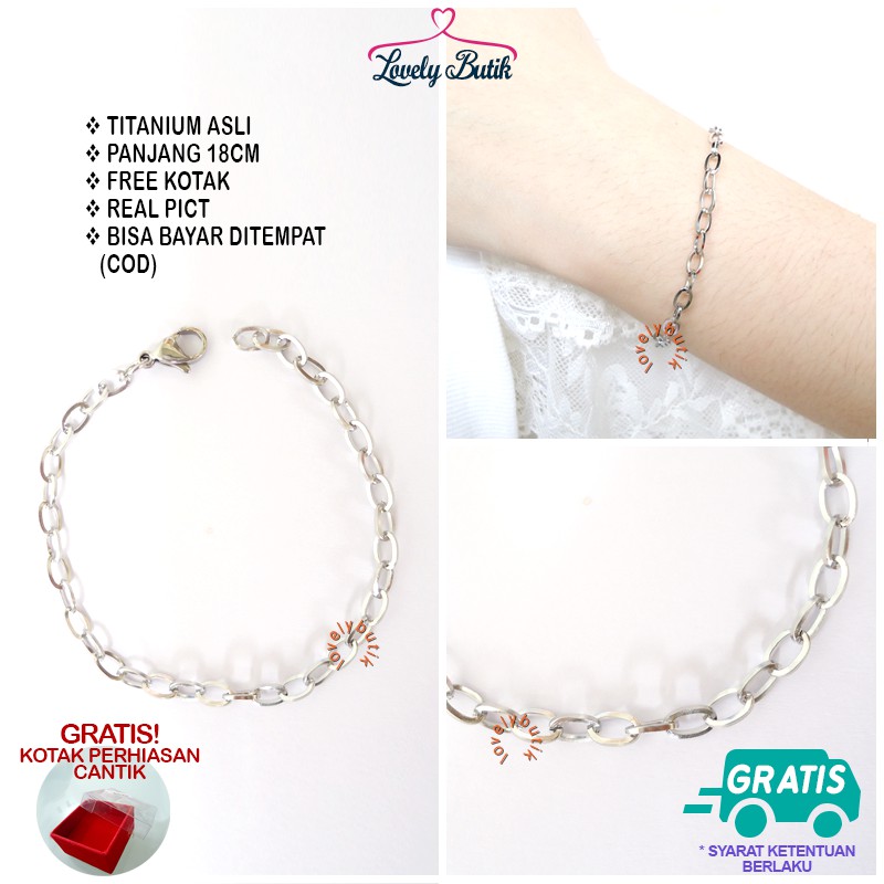 Lovelybutik Gelang Titanium Asli  Anti Luntur  Sans4 Gelang Titanium Wanita Uk.18 BONUS KOTAK