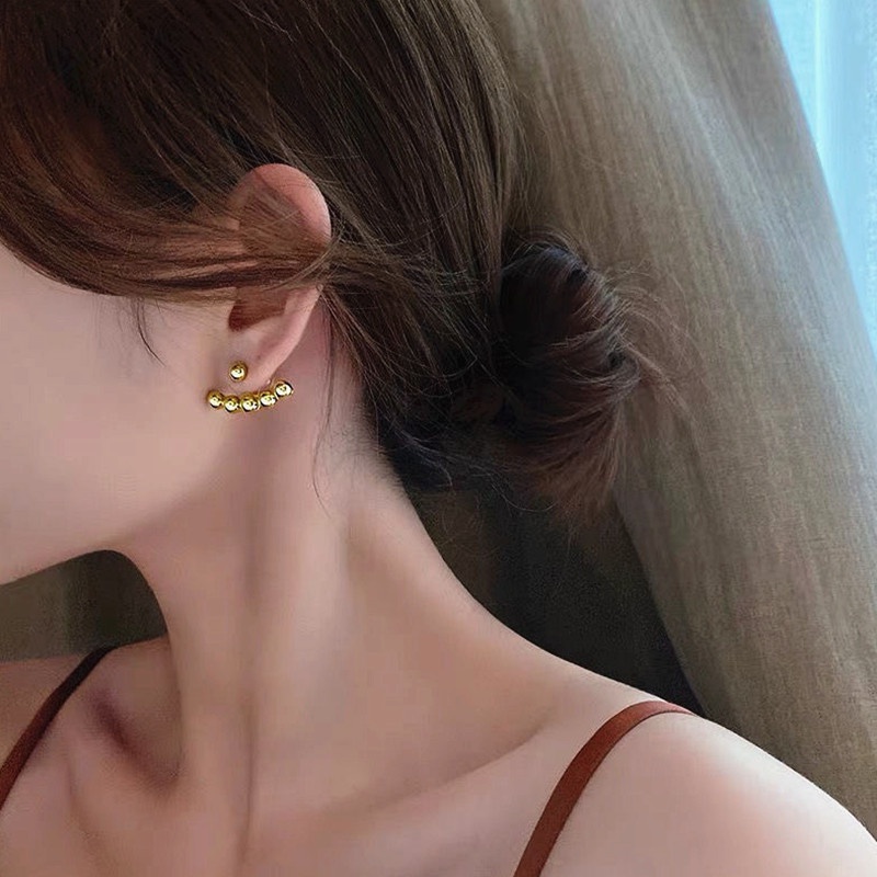 Anting Titanium Wanita Asli Melengkung Manik Emas 18k anti karat dan anti luntur