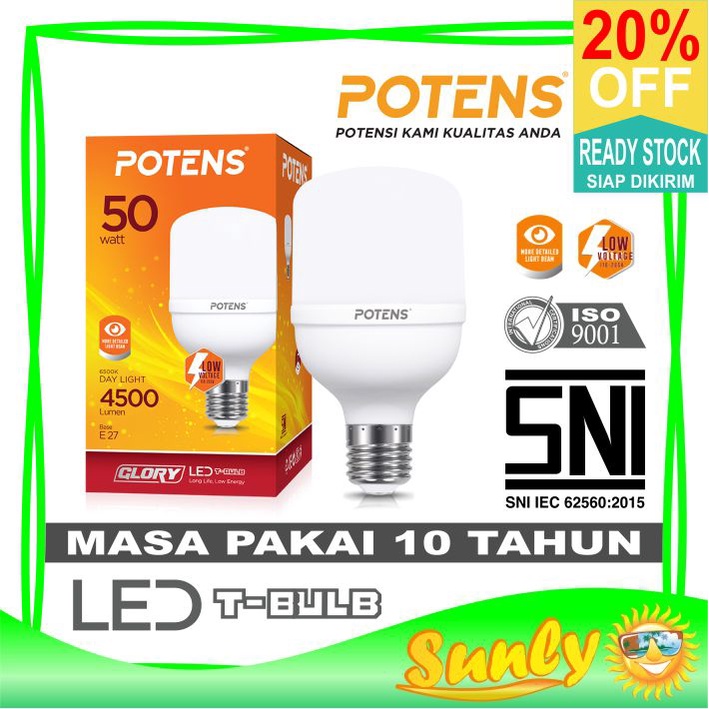 ☀ Sunly ☀ A145 Potens Lampu LED T-Bulb 6500K Bohlam 20Watt - 50Watt Garansi Import