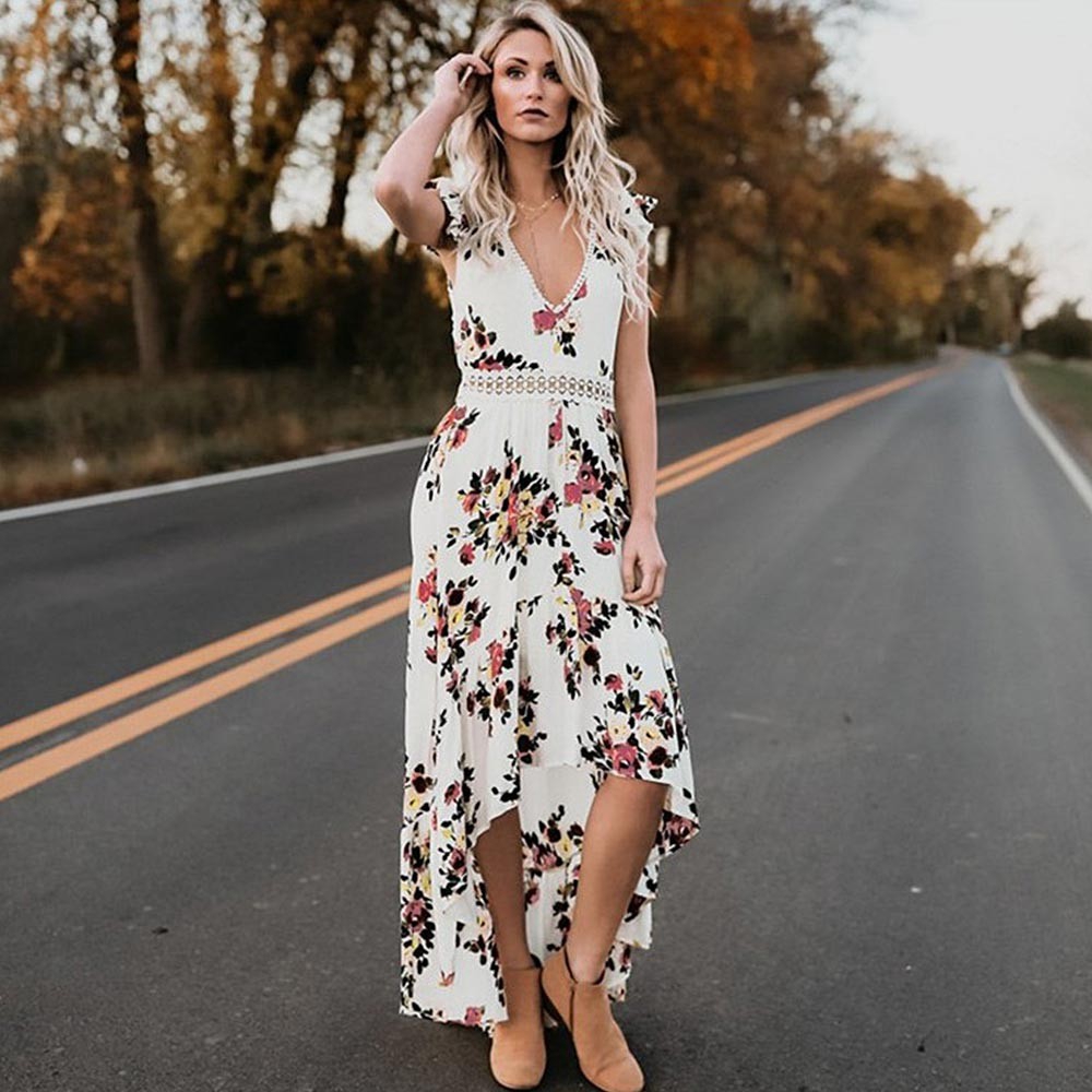 floral deep v neck backless maxi dress