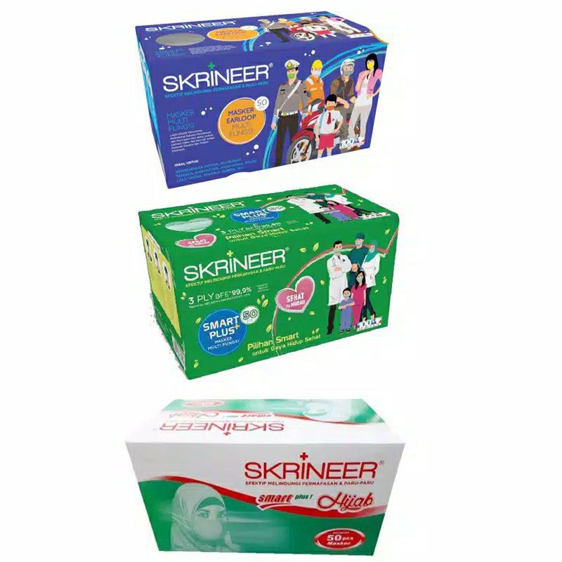 Skrineer Masker MEDIS 3ply Hijab &amp; Earloop (Cantolan Telinga) isi 50's /Masker Non Medis 1ply