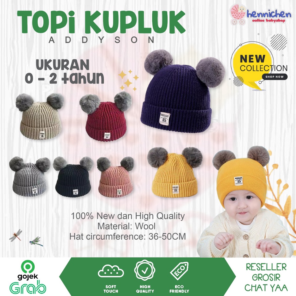 Topi Kupluk ADDYSON TEBAL Bayi Bahan WOL- Kupluk Pom-Pom Baby Kids Hat HIGH QUALITY