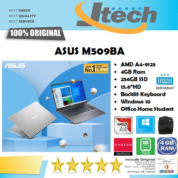 ASUS M509BA HD421 HD422 - AMD A4-9125 - 4GB - 256GB SSD - BAKCLIT KB - 15.6"HD - WIN10 - OFFICE