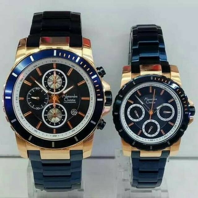 JAM TANGAN COUPLE ALEXANDRE CHRISTIE AC 6141 PASANGAN ROSEGOLD BLUE / ROSE GOLD RANTAI BIRU ORIGINAL