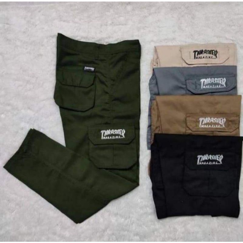 Celana Cargo Panjang Pria Thrasher Bahan  Katun Tebal Nyaman Di Pakai Kimpul Banyak Kantong Size Jumbo 28-38