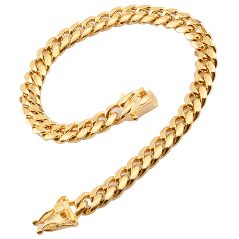 Classic 18K Gold Plated Stainless Steel Miami Cuban Link Chain Bracelet Men 10MM