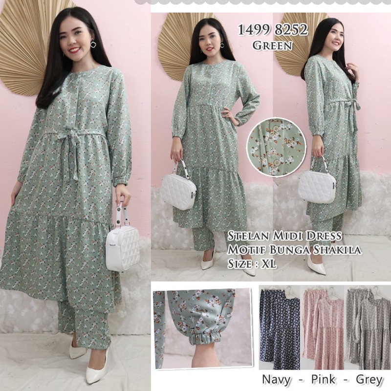 SETCEL LONG TUNIK BUNGA BAHAN SHAKILA / SETCEL TUNIK / SETCEL MIDI / SETELAN MIDI DRESS / MIDI DRESS