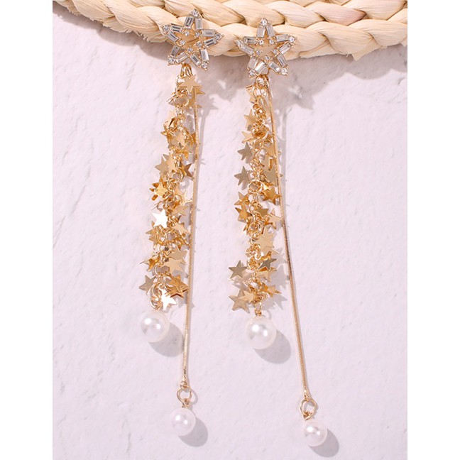 LRC Anting Tusuk Fashion Gold Alloy Pearl Pentagram Tassel Stud Earrings F72650
