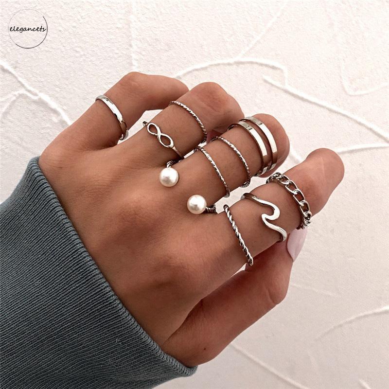 10 Buah Set Wanita Kreatif Sederhana Manik-manik Ganda Cincin Gabungan Geometri Gelombang Mutiara E