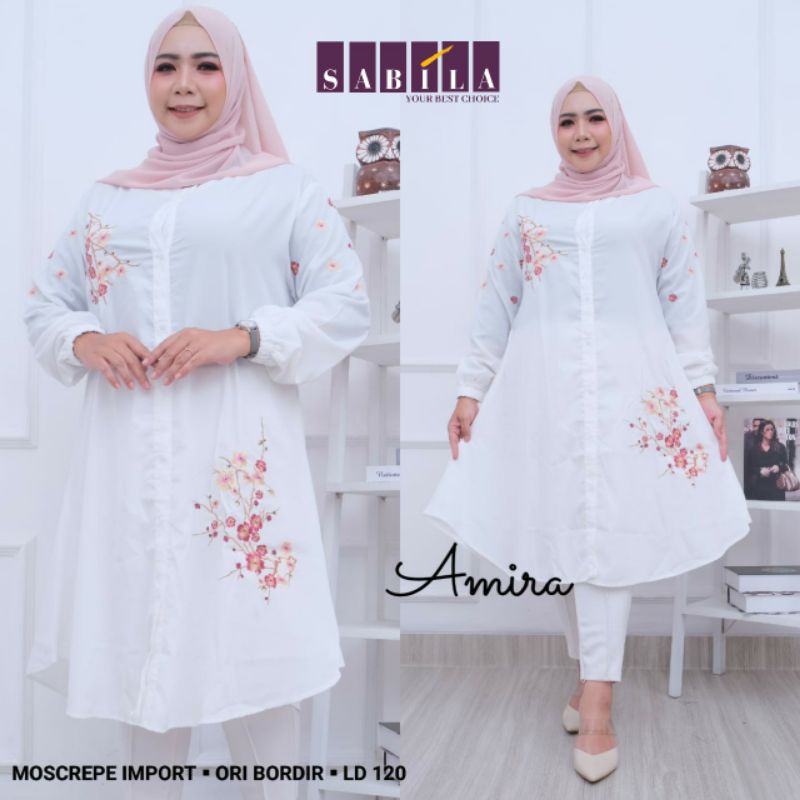 TUNIK BORDIR BUNGA PUTIH MOSCREPE IMPORT JUMBO LD 120 XXL