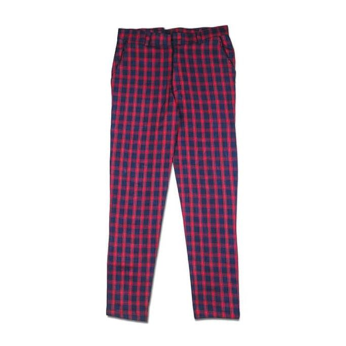Tartan Red Navy- Tartan Pants- Celana Chino- Celana Tartan Murah - Merah, M Medanbaiak