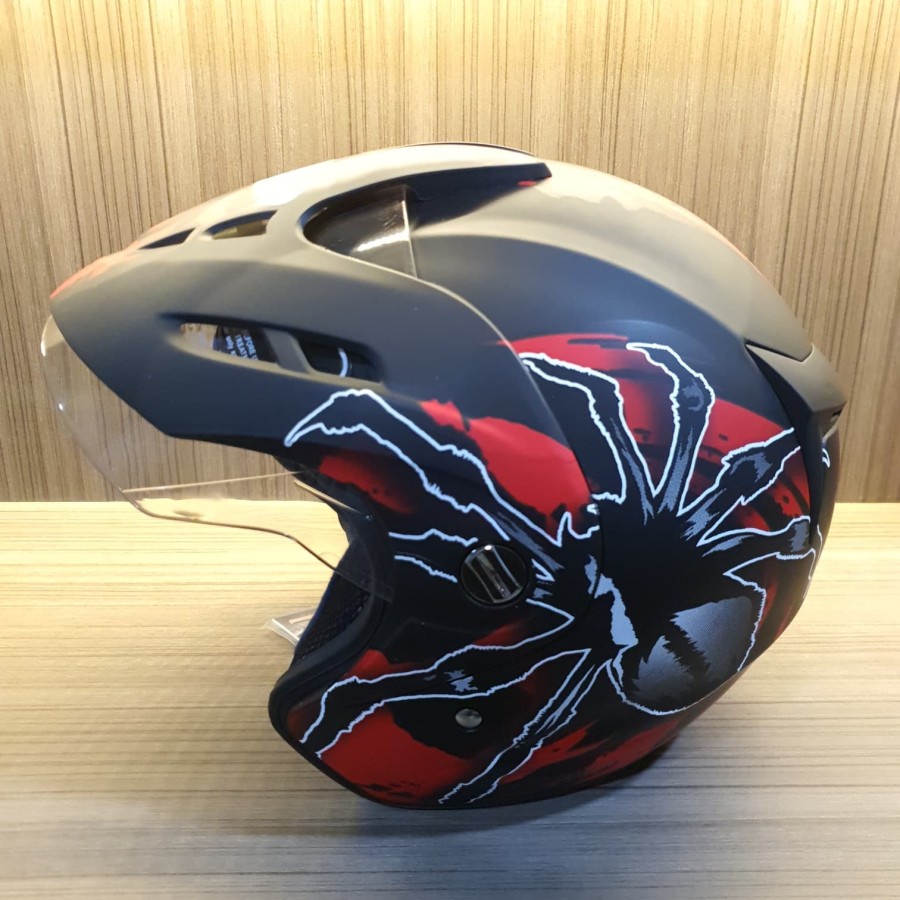 Helm Half Face Dewasa Single Visor SNI Virtue Tarantula Black Red Doff