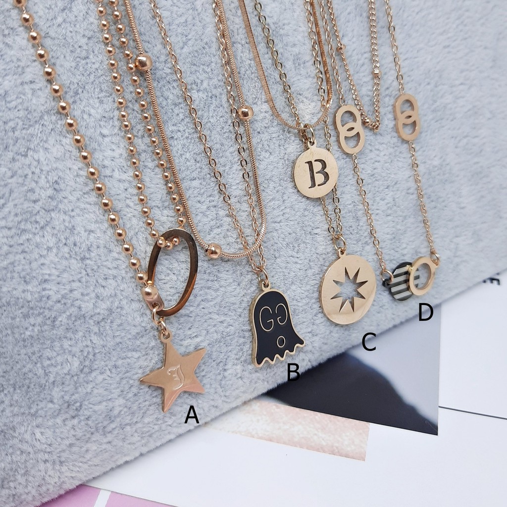 Kalung Kpop Titanium Korea 2 Layer Import Rantai Biji Lada Cassandra Belut Rosegold - BN423