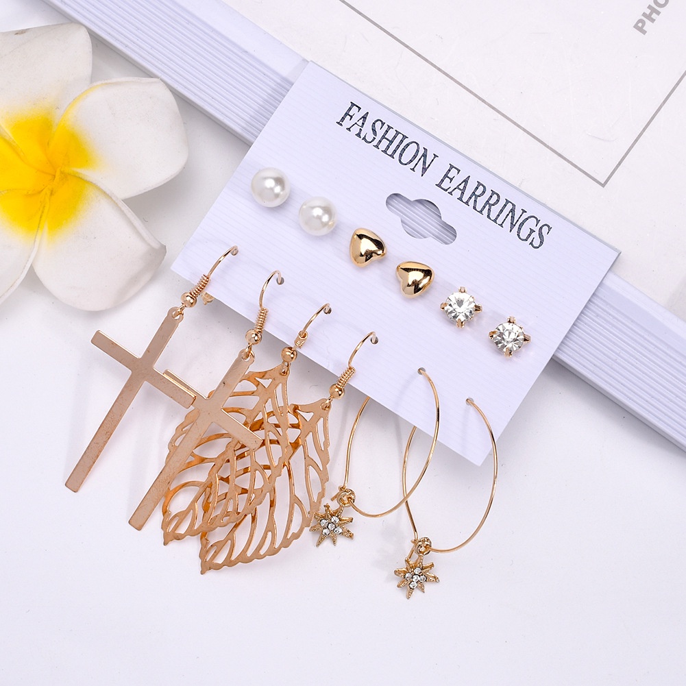 [COD] 6 Pcs Set Anting Hoop Aksen Daun Rumbai Gaya Korea Tusuk Wanita