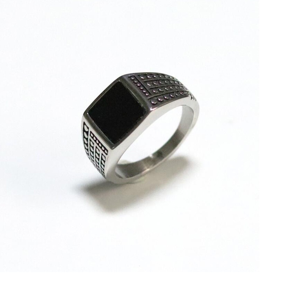 Black Agate Vintage Silver Titanium Steel Gemstone Crystal Men Punk Fashion Jewelry Finger Rings