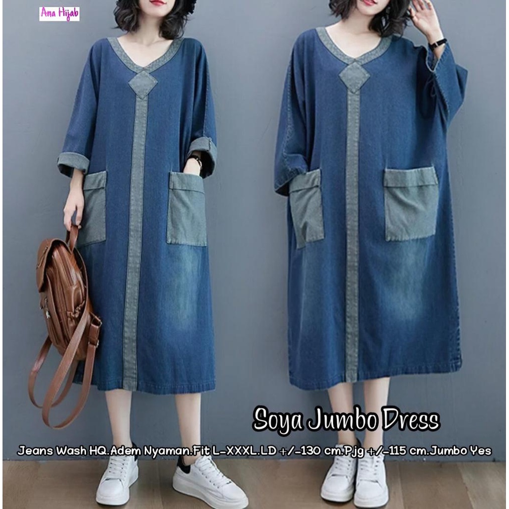 MIYOKO DRESS | SOYA JUMBO DRESS BY ANA HIJAB BAHAN JEANS ORI JEANS WASH