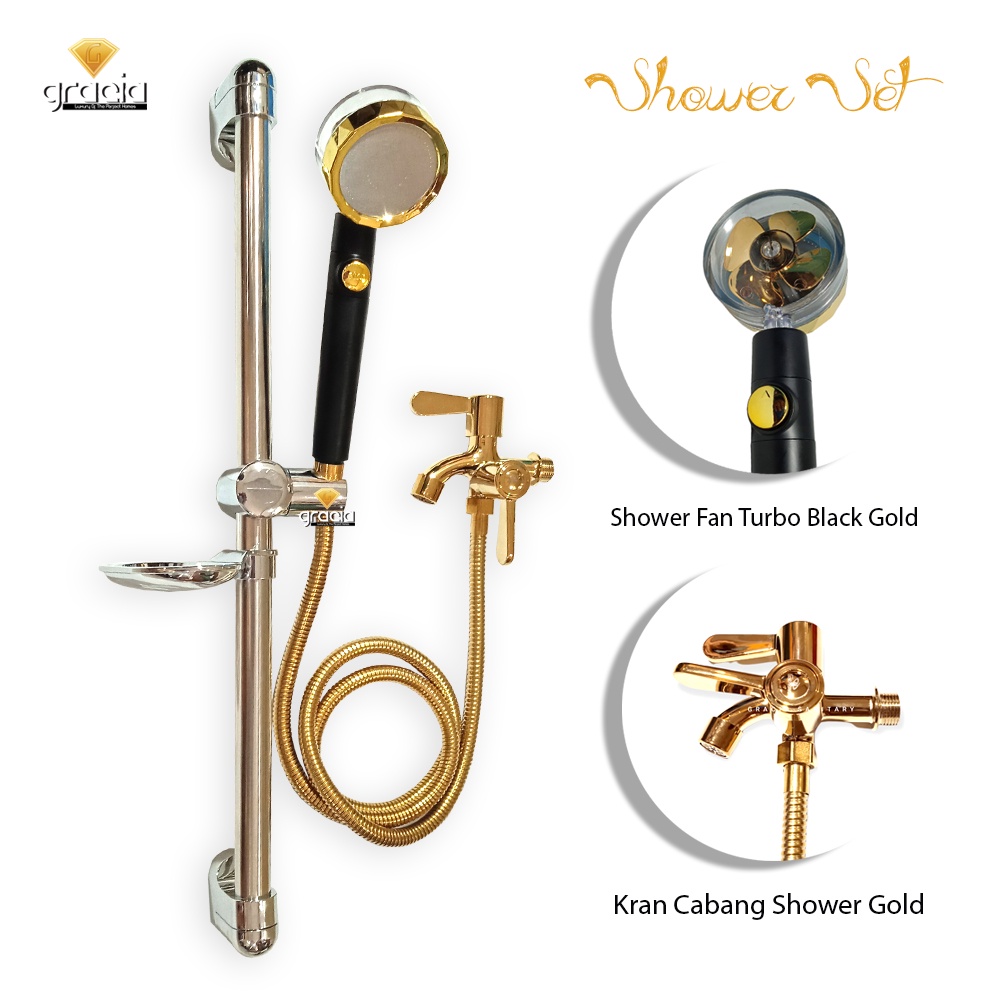 Shower Tiang Stainless + Kran Cabang Gold /  Shower Jet Turbo Fan Filter Air  / Shower Black Gold