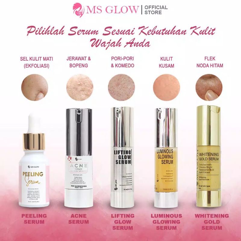 SERUM MS GLOW ORIGINAL (SUDAH BER BARCODE) / SERUM WHITE CELL DNA / SERUM WHITENING GOLD / SERUM ACNE / SERUM LUMINOUS SERUM LIFTING PEELING