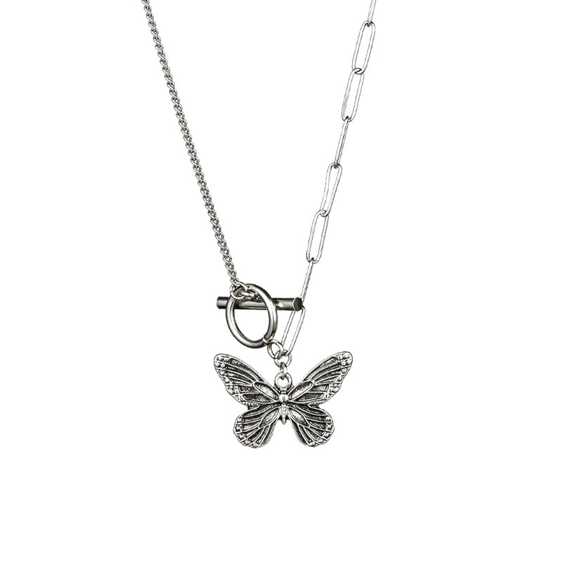 Vintage Butterfly Pendant Adjustable Necklace for Women Korean Hip Hop Titanium Steel Clavicle Chain Choker Jewelry Accessories