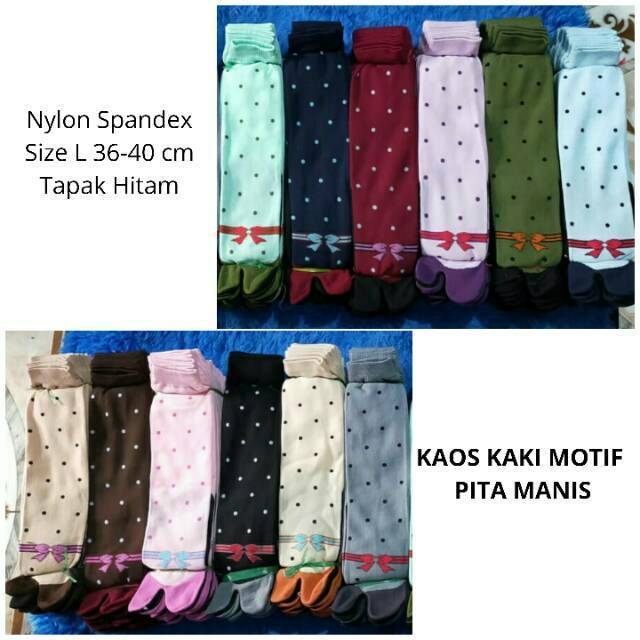 Kaos Kaki Jempol Wanita Muslimah Motif Pita Manis (Nylon Spandex Tapak Hitam, Size L, Panjang Murah)