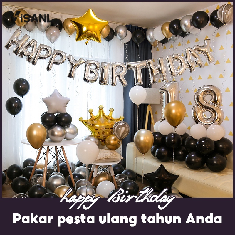 Dekorasi Backdrop Ulangtahun Romantis 3D Balon Foil Happy Birthday Hitam Putih Backdrop