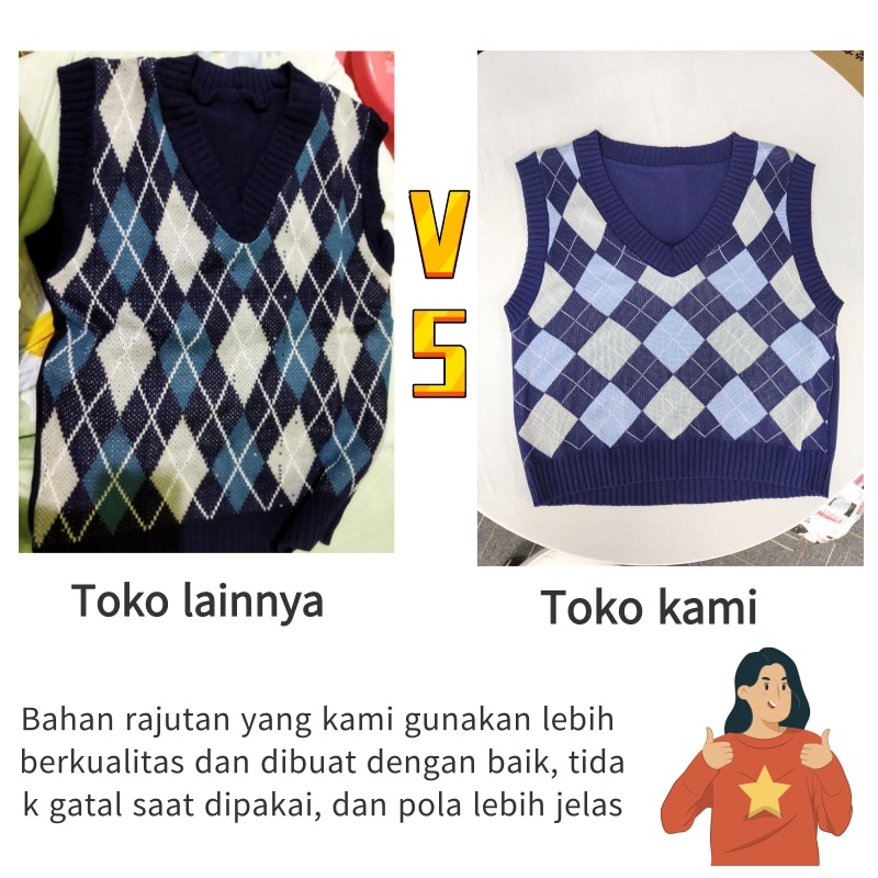 Vest Rajut Rompi Rajut Kotak Kotak Korea Gaya Retro Vest Knit Baju Crop