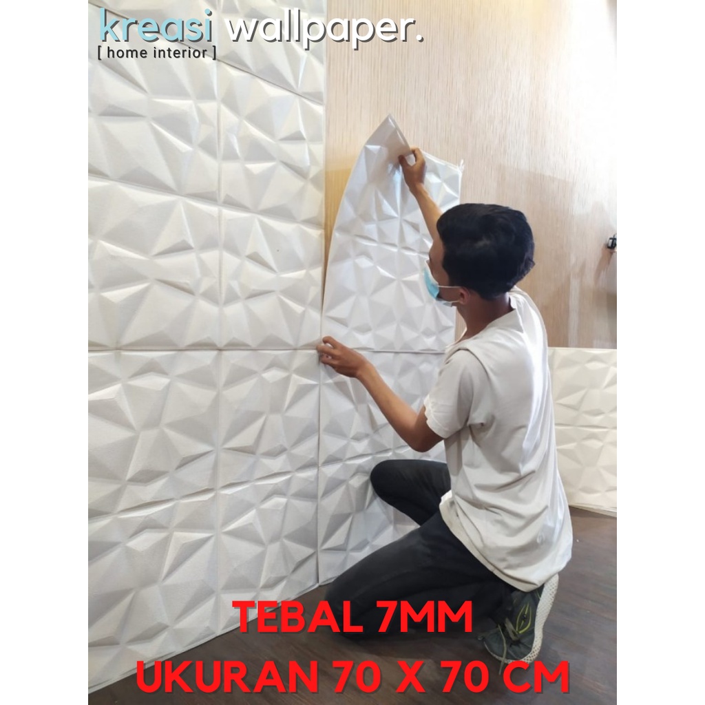 Wallpaper Dinding 3D Foam Sticker Panel Bunga Diamond Putih Minimalis Timbul | Wall Panel 3D-Diamond 6MM