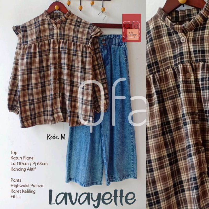 LAVAYETTE SET BY QFA SHOP ONESET BLOUSE BAHAN KATUN FLANEL LD -/+110 KEMEJA MOTIF KOTAK BUSUI LENGAN