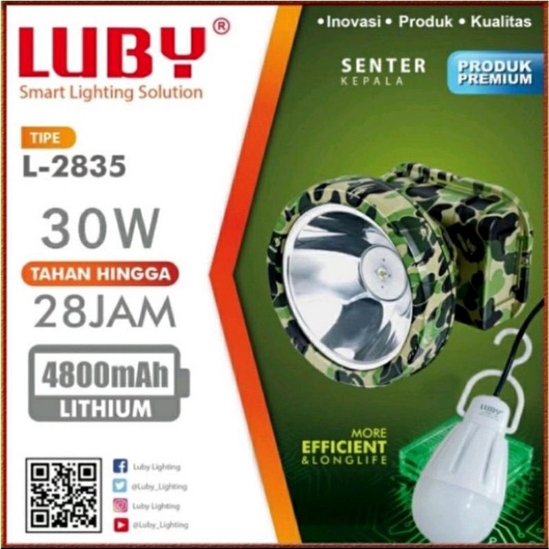 Senter Kepala LED 30W Luby L-2835L Bonus Bohlam 3W Luby LED Rechargeable Headlight 4800mAh LITHIUM Water Resistant