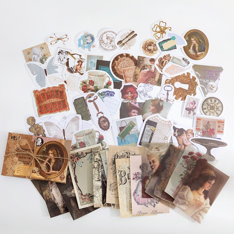 Journamm 60pcs/boxed Vintage Boxed Stickers for Scrapbooking Junk Journal School Supplies Creative Stationery DIY Deco Stickers-F