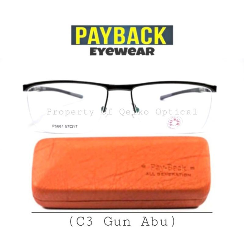 Kacamata Frame Minus Pria Titanium Metal Half Payback C3 - S 56 Original Gun Abu- Size Lebar