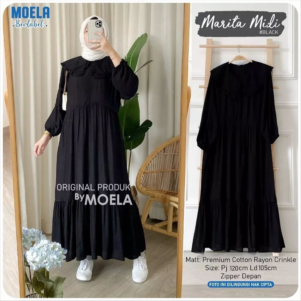 Ramdan Collection - Marita Midi Dress Muslim Bahan Rayon Crinkle Airflow Premium Jumbo Dress Kondangan Lebaran Remaja Terbaru 2023 Lucia Korean Style