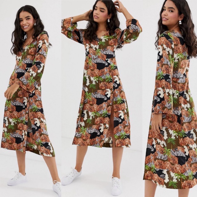MONKI LONG SLEEVED MIDI DRESS ISLAND PRINT