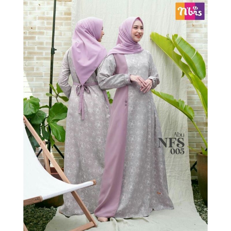 Gamis Nibras NFS 005 Warna Abu Premium Dress Baju Kondangan Branded Cantik Syari Motif Bunga Ori