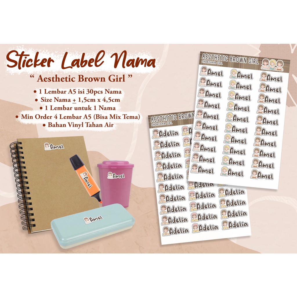 

Aesthetic Brown Girl Sticker Name / Stiker Nama / Sticker Label Nama Desain Karakter Prempuan Estetik isi 30pcs per-A5