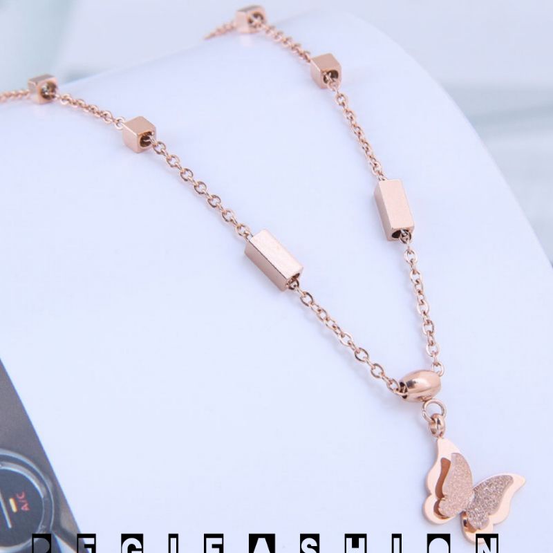 { Bayar Ditempat } Kalung Titanium Wanita Rose gold Rantai Dadu Liontin Kupu- Kupu / Kalung Rantai Wanita Titanium Asli Import / Kalung Wanita Korea Model Terbaru