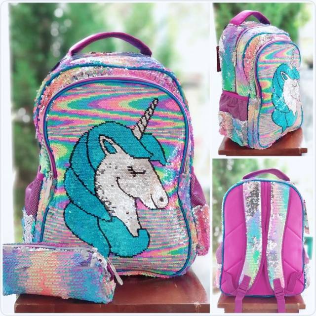  Tas  ransel besar anak sekolah  SD sequin unicorn import 