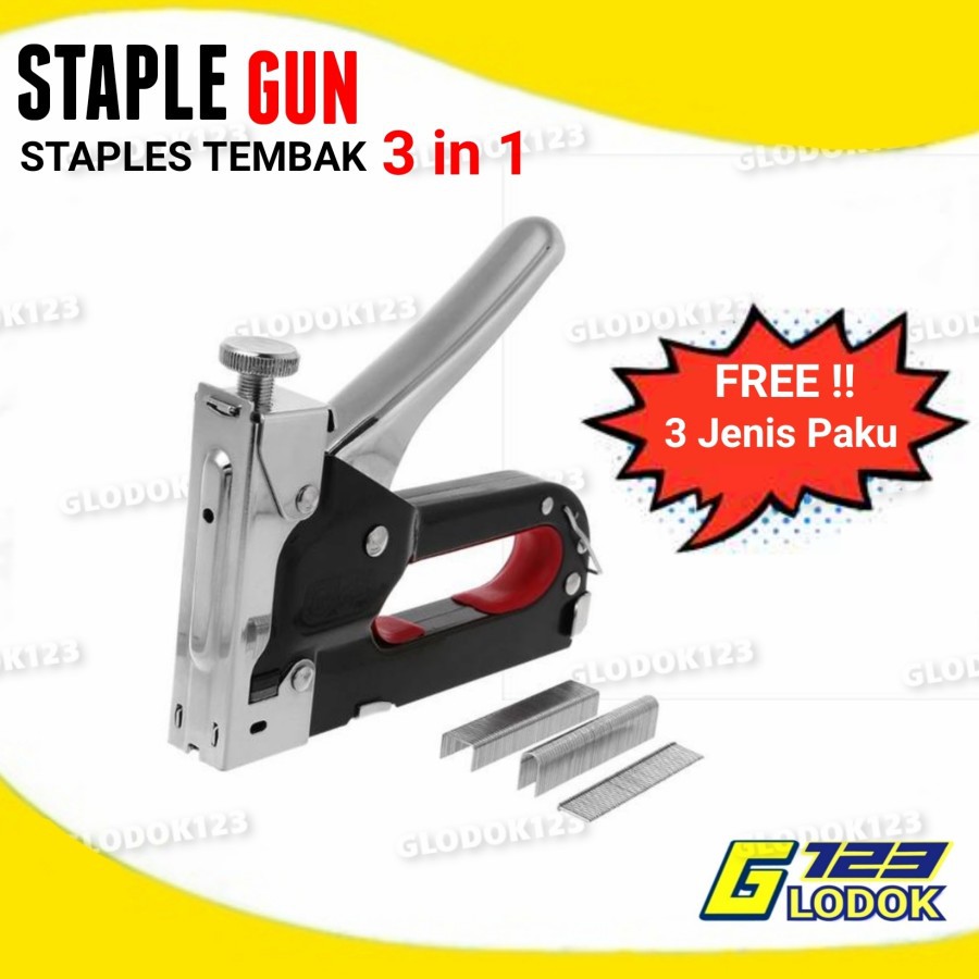

Staple Staples Steples Gun Tembak 3 in 1 Jok Kulit Kayu Karpet Kardus