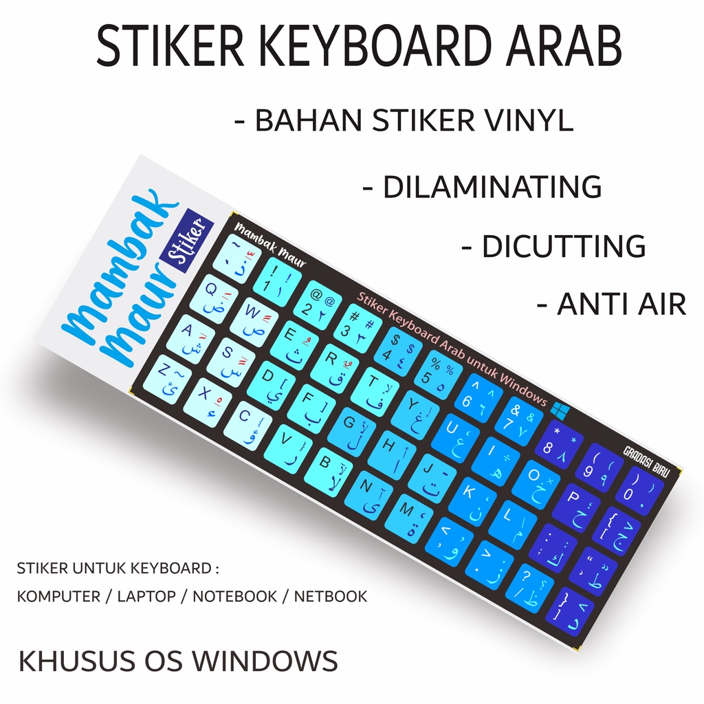 STIKER KEYBOARD ARAB WARNA BAHAN VINYL SUDAH DICUTTING DAN DILAMINATING - WARNA GRADASI BIRU