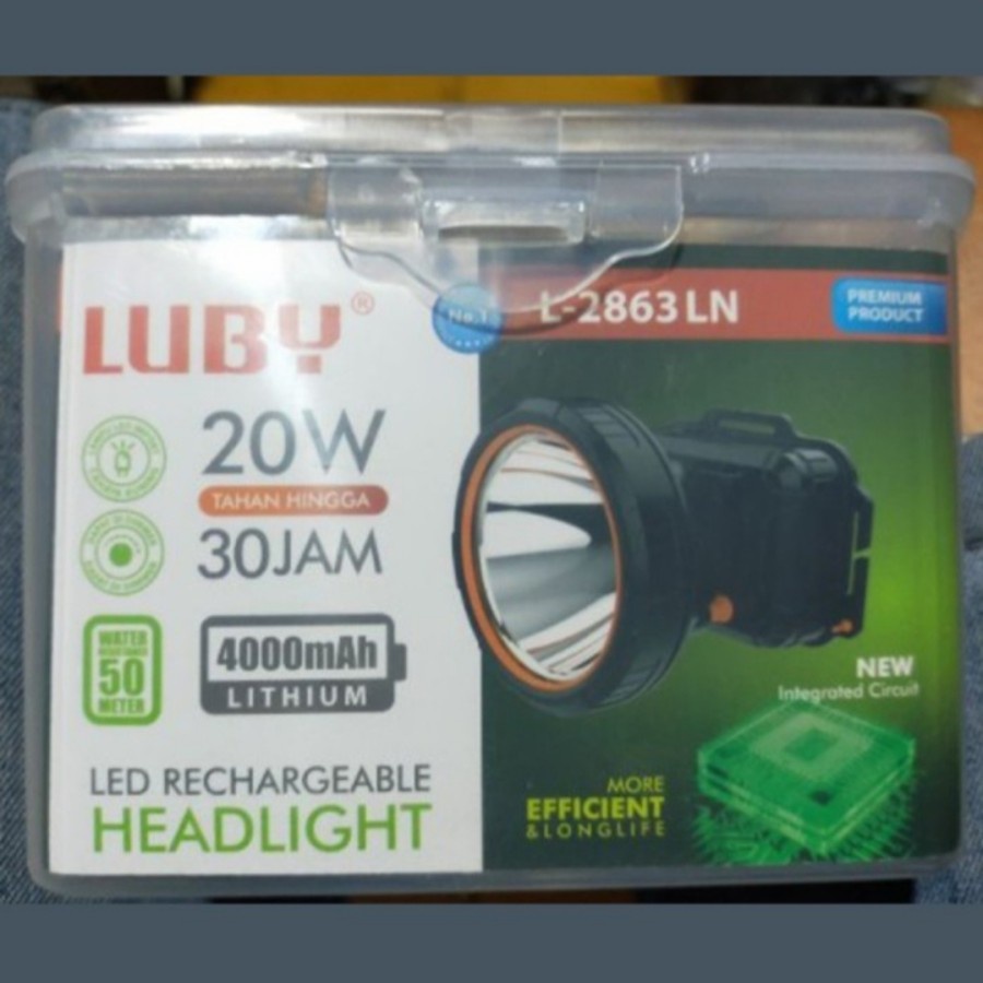 LUBY L 2863LN SENTER KEPALA LED CAHAYA PUTIH 20W 4000mAh TAHAN 30 JAM