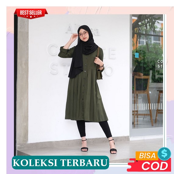 Cod { Realpict } Claryn Tunik Wanita Terbaru 2021 Kekinian Bahan Katun Rayon Adem Jumbo Full Kancing
