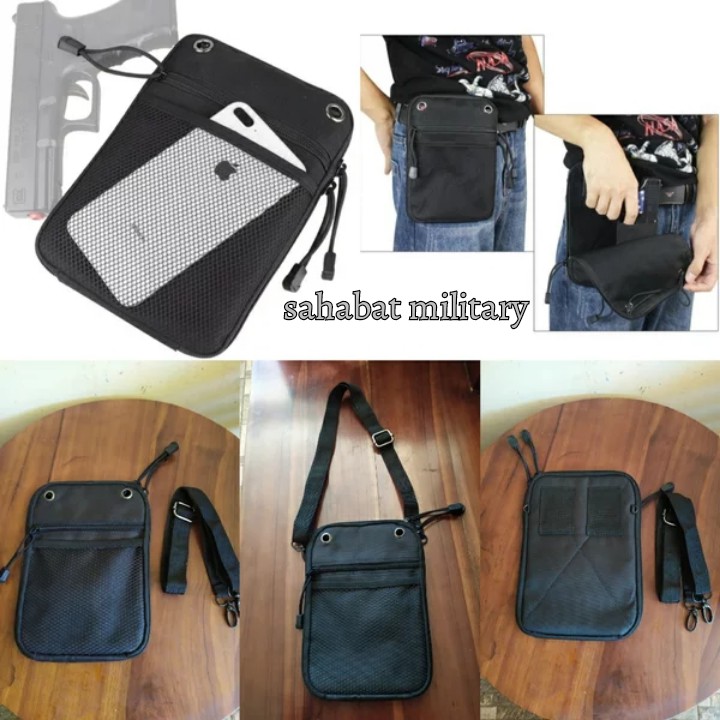 TAS SENJATA / TAS AIRSOFT/ TAS PISTOL/ TAS RANGE BAG/TAS  PISTOL PINGGANG DAN SELEMPANG WARNA HITAM 