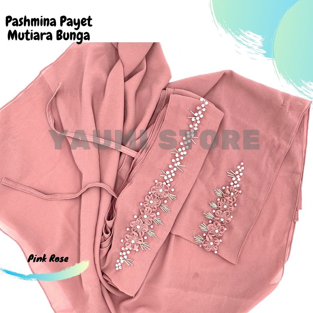 Jilbab Pashmina Tali Payet Mutiara Bunga 75 x 180 Cm