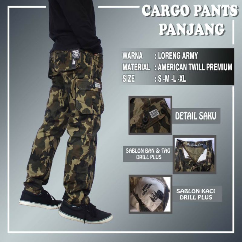 Celana Cargo Panjang Pria Loreng Army Premium Kanvas Original Slimfit Long Kargo PDL Distro Bigsize