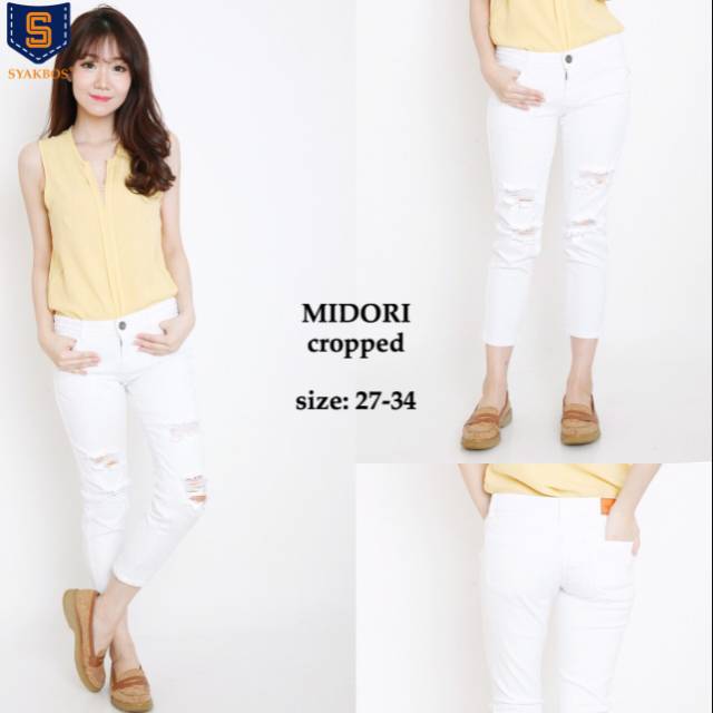 Celana Jeans Wanita/Cewek Model Crop Sobek Robek Ripped Midori Crop