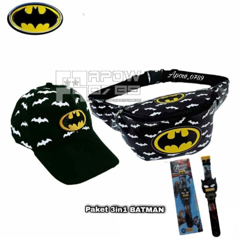 Paket 3in1 Tas selempang anak topi jam pencet betmen umur 2-9 tahun