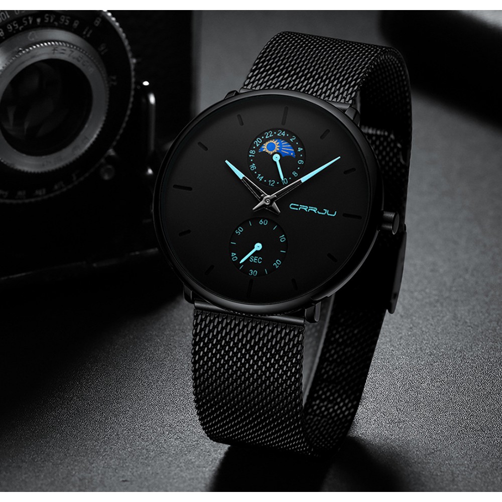 CRRJU Fashion Quartz Clock Sports Men Watch Jam Tangan Baja Ultra Tipis Tahan Air