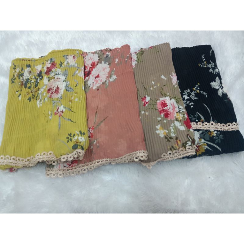 Jilbab Hijab Kerudung Pasmina Plisket Prisket Bunga Renda Ceruty
