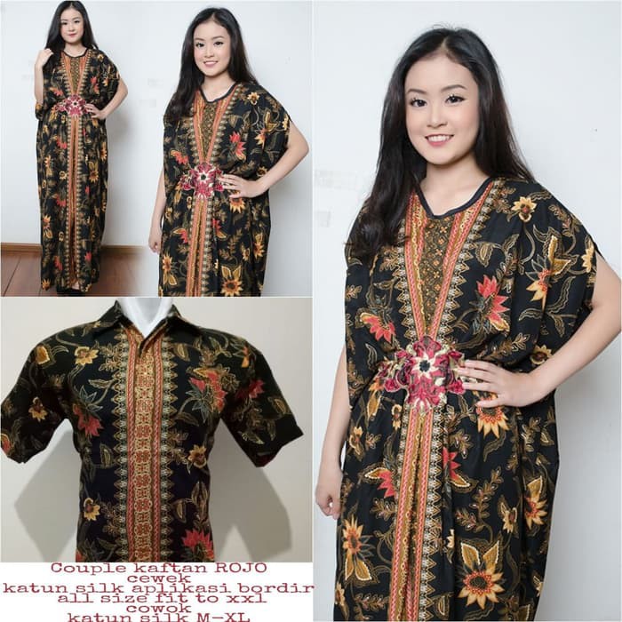 Couple Dress Maxi Gamis Kaftan Aprilia dan Kemeja Batik Pria